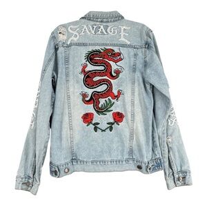 Brooklyn Cloth Light Blue Denim Jacket with Dragon and Rose Design